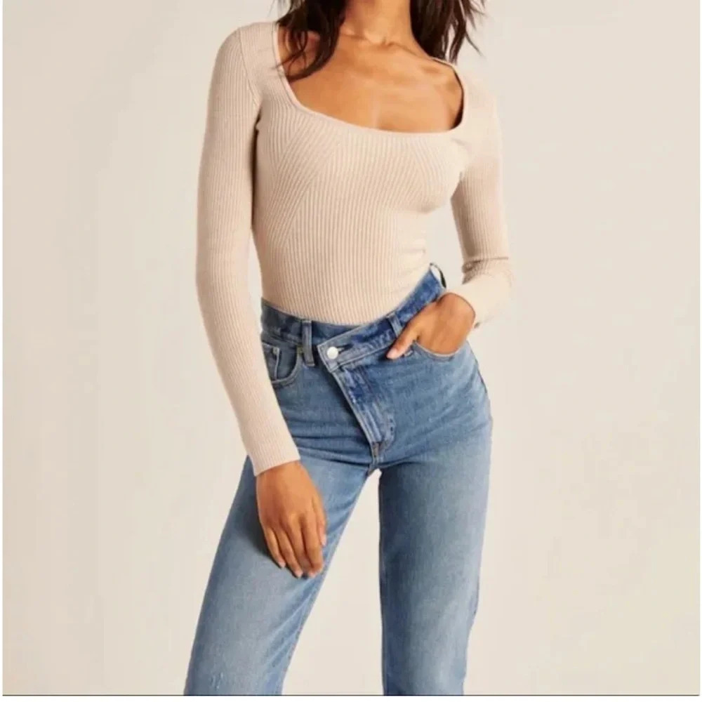 Abercrombie & Fitch Ribbed Cream Long Sleeve Bodysuit